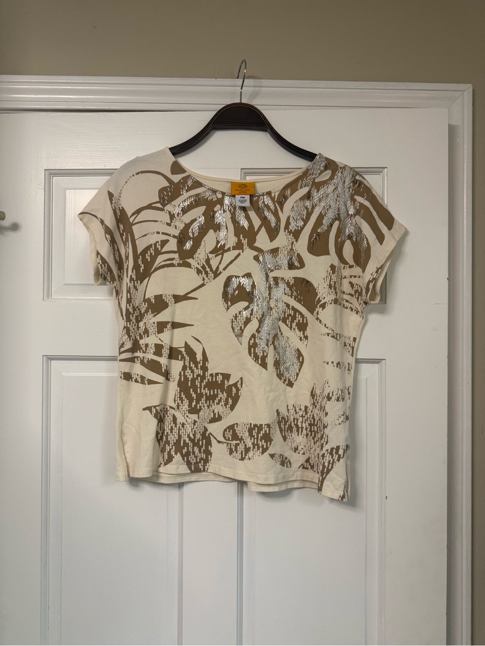 Ruby Rd. Short Sleeve Crewneck Tee in Cream and Brown Petite Medium